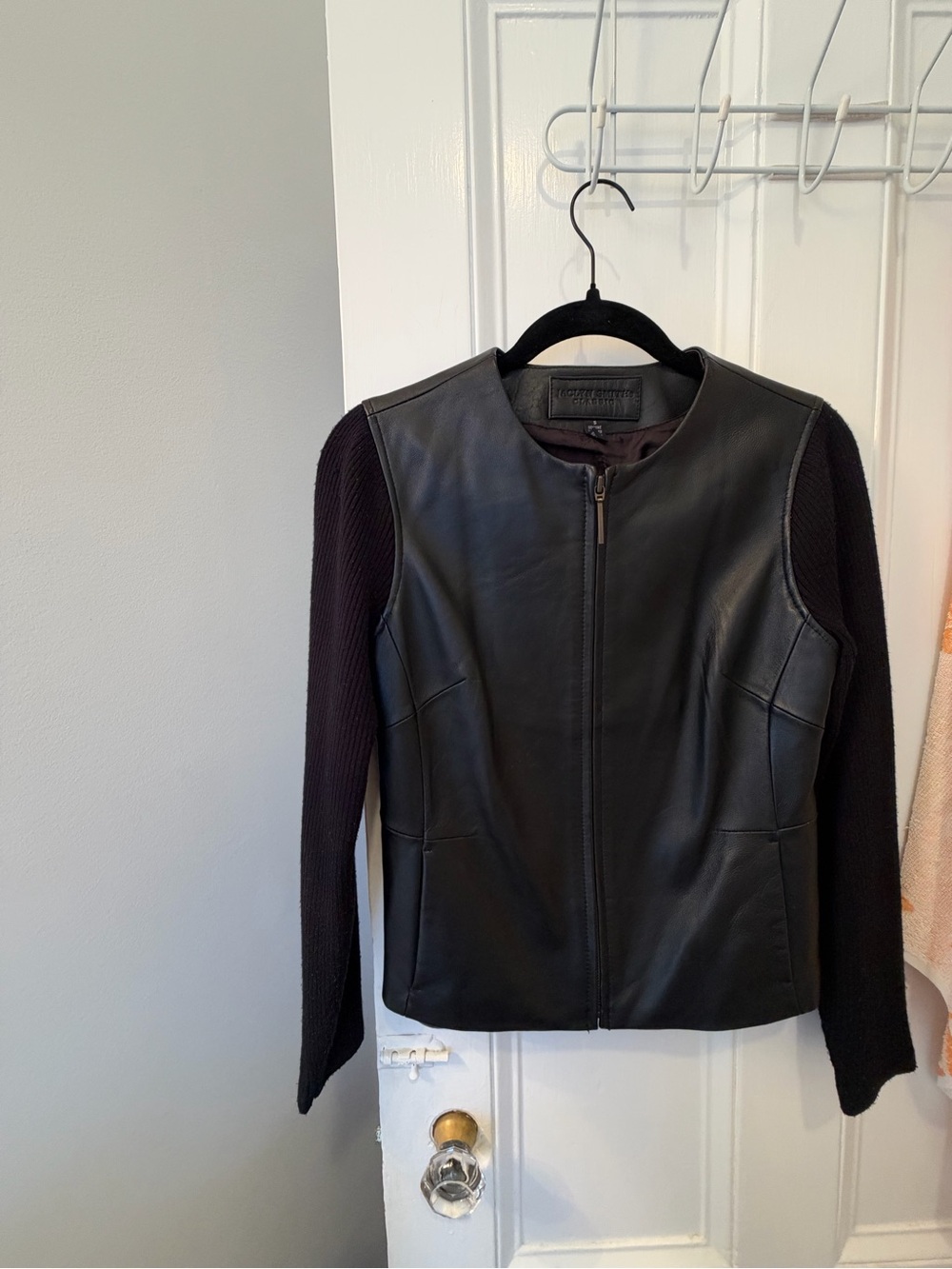 Classic Black Genuine Leather Jacket with Knit Sleeves Collarless Zip Front